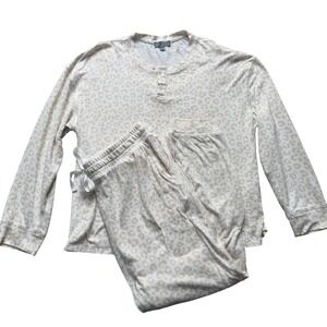 LOFT Sleep Leopard Print Henley Pajama Set Womens Size‎ L Long Sleeve Top Pants